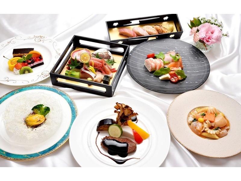 「蘭」　10,000円　
和洋中会席　お料理7品
・オードブル3種盛り合わせ
・お刺身5種盛り合わせ
・鮑の吟醸焼き
・海老、烏賊、帆立のXO醤炒め
・牛ミスジのロティ　バルサミコソース
・握り寿司4種
・デザート3種盛り合わせ